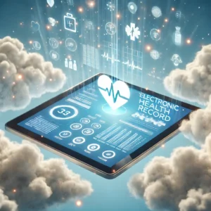 An-animated-style-image-of-an-electronic-health-record-EHR-represented-as-a-glowing-digital-tablet-floating-between-two-soft-white-fluffy-clouds